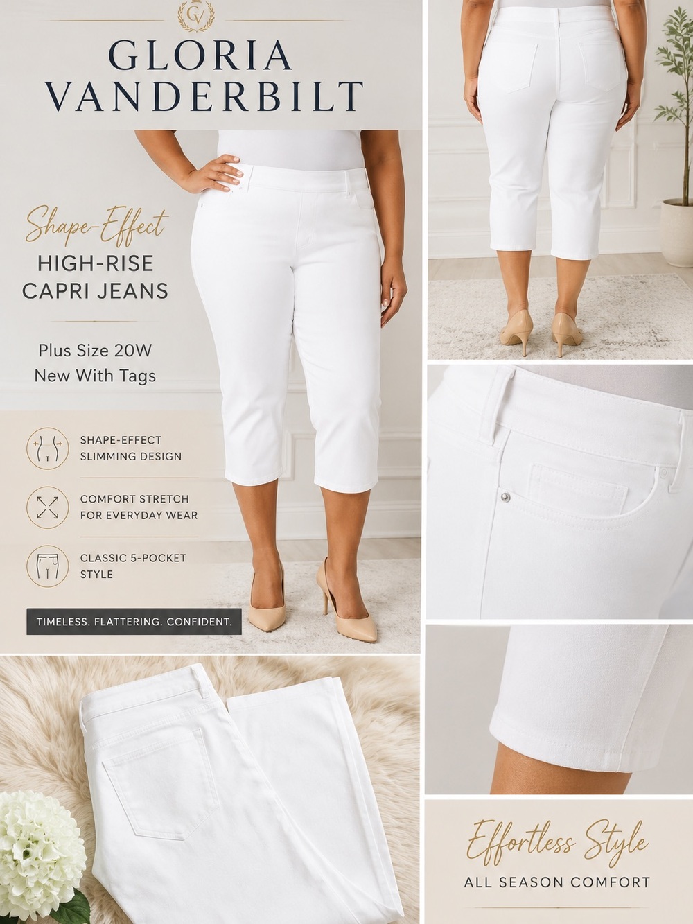 Gloria Vanderbilt Plus Size Shape-Effect High-Rise Capri Jeans White 20W NWT